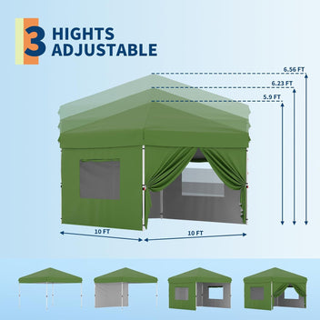 Garvee 10'x10' Pop Up Canopy with 4 Sidewalls Easy Up Camping Tent with One Button Push Setup - 1 Roller Bag, 3 Adjustable Height, 4 Weight Bags for Deck, Garden, Sports, Beach, Party, Green