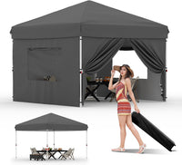 Garvee 10'x10' Pop-Up Canopy Tent with 4 Sidewalls - Portable Instant Commercial Canopy with Stakes, Ropes & Sandbags for Market, Patio & Camping, Black