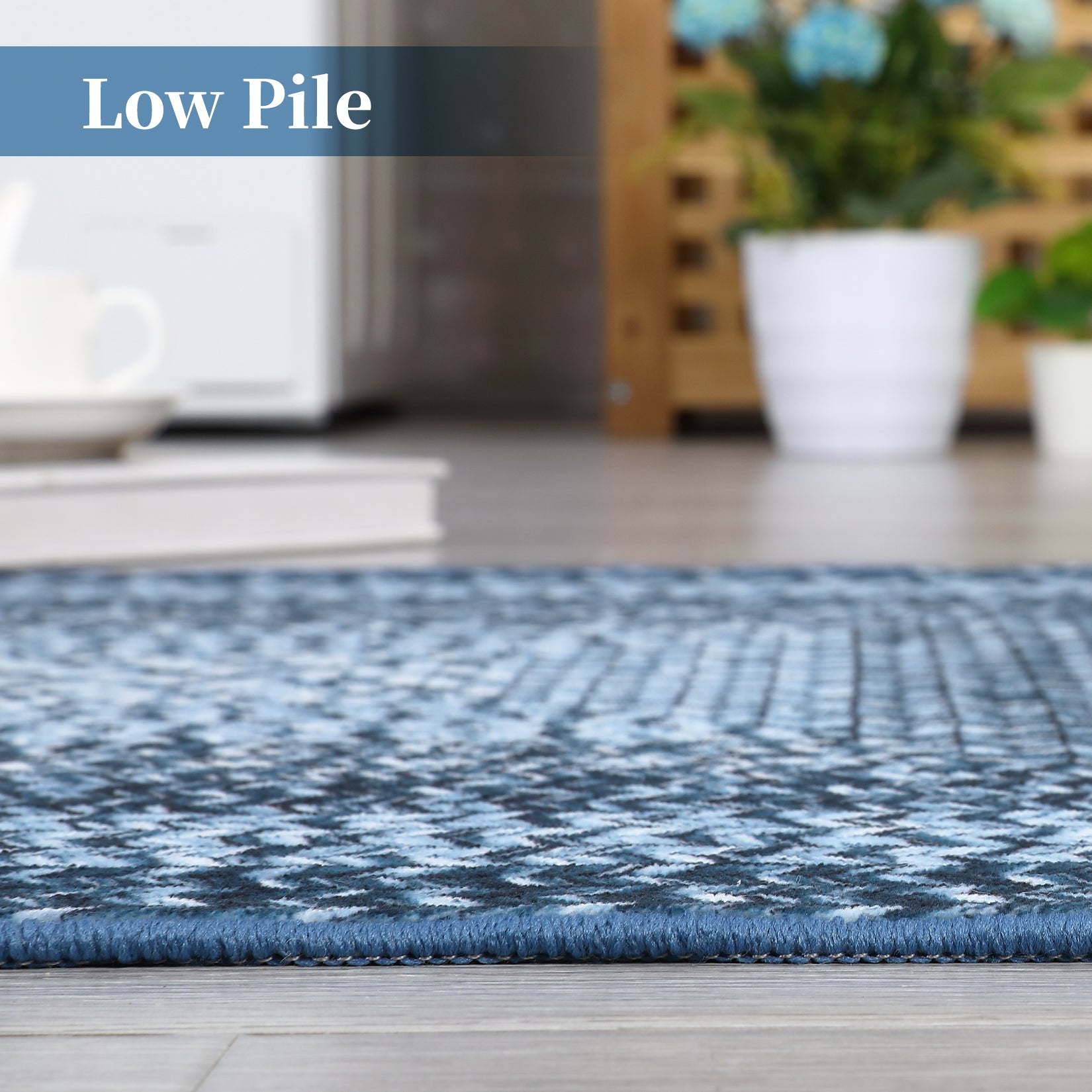 Garvee Bordered Grey Blue 10x13 Washable Rug, Boho Braided, Non-Slip, Low Pile, Polyester, Foldable, Blue, Living Room, Bedroom, Office