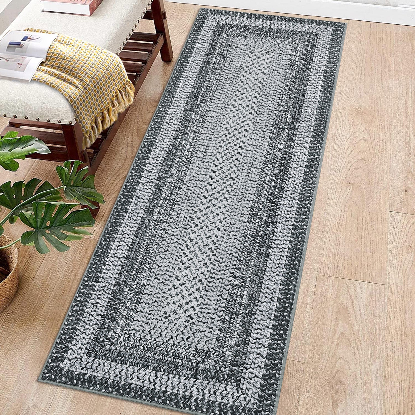 Garvee Bordered Grey 2x6 Boho Washable Runner Rug, Distressed Farmhouse Print, Ultra-Thin Non-Slip Polyester Mat with Cozy Texture for Kitchen, Bedroom, Entryway