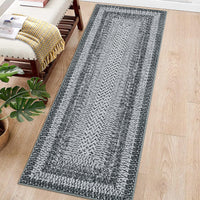 Garvee Bordered Grey 2x6 Boho Washable Runner Rug, Distressed Farmhouse Print, Ultra-Thin Non-Slip Polyester Mat with Cozy Texture for Kitchen, Bedroom, Entryway