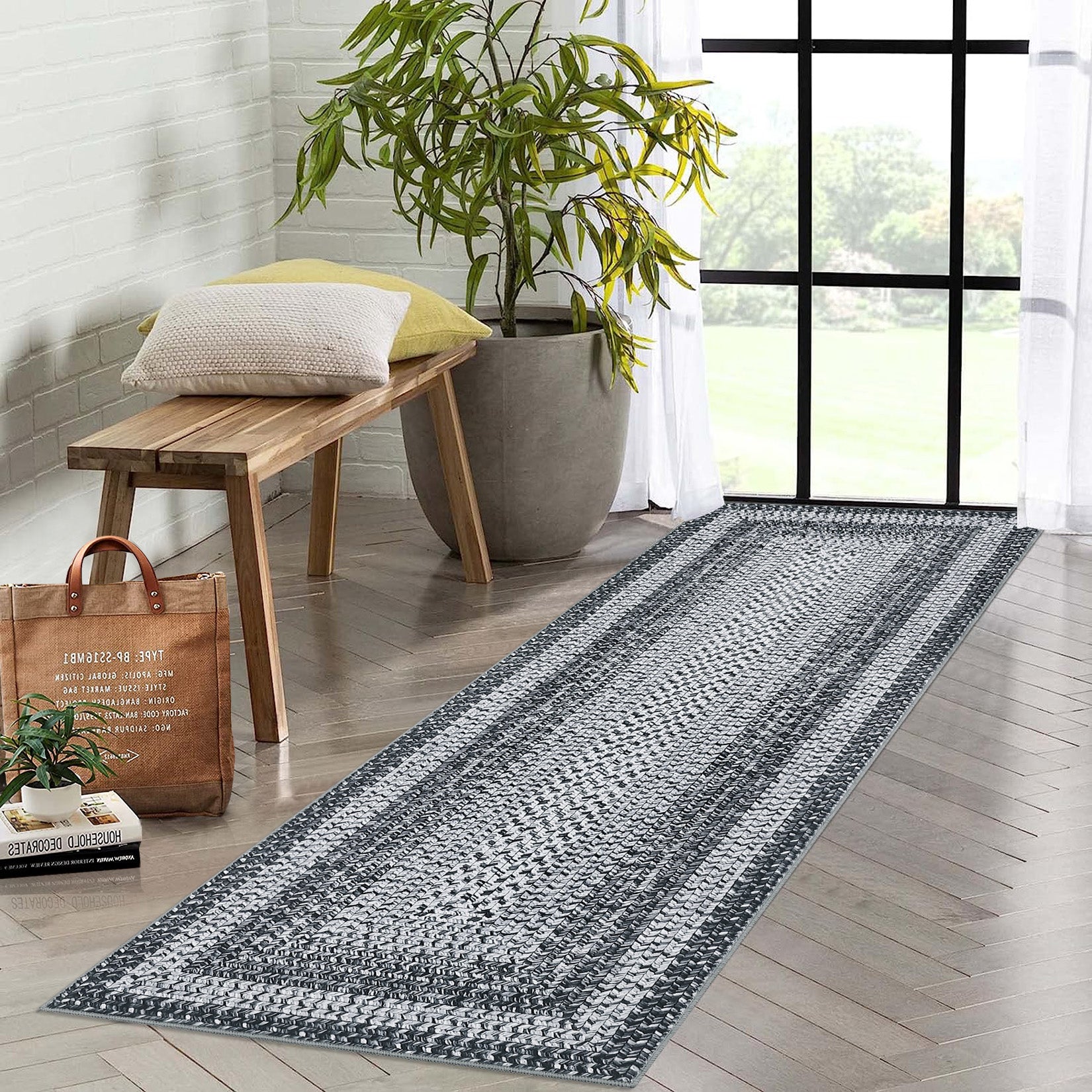 Garvee Bordered Grey 2x6 Boho Washable Runner Rug, Distressed Farmhouse Print, Ultra-Thin Non-Slip Polyester Mat with Cozy Texture for Kitchen, Bedroom, Entryway