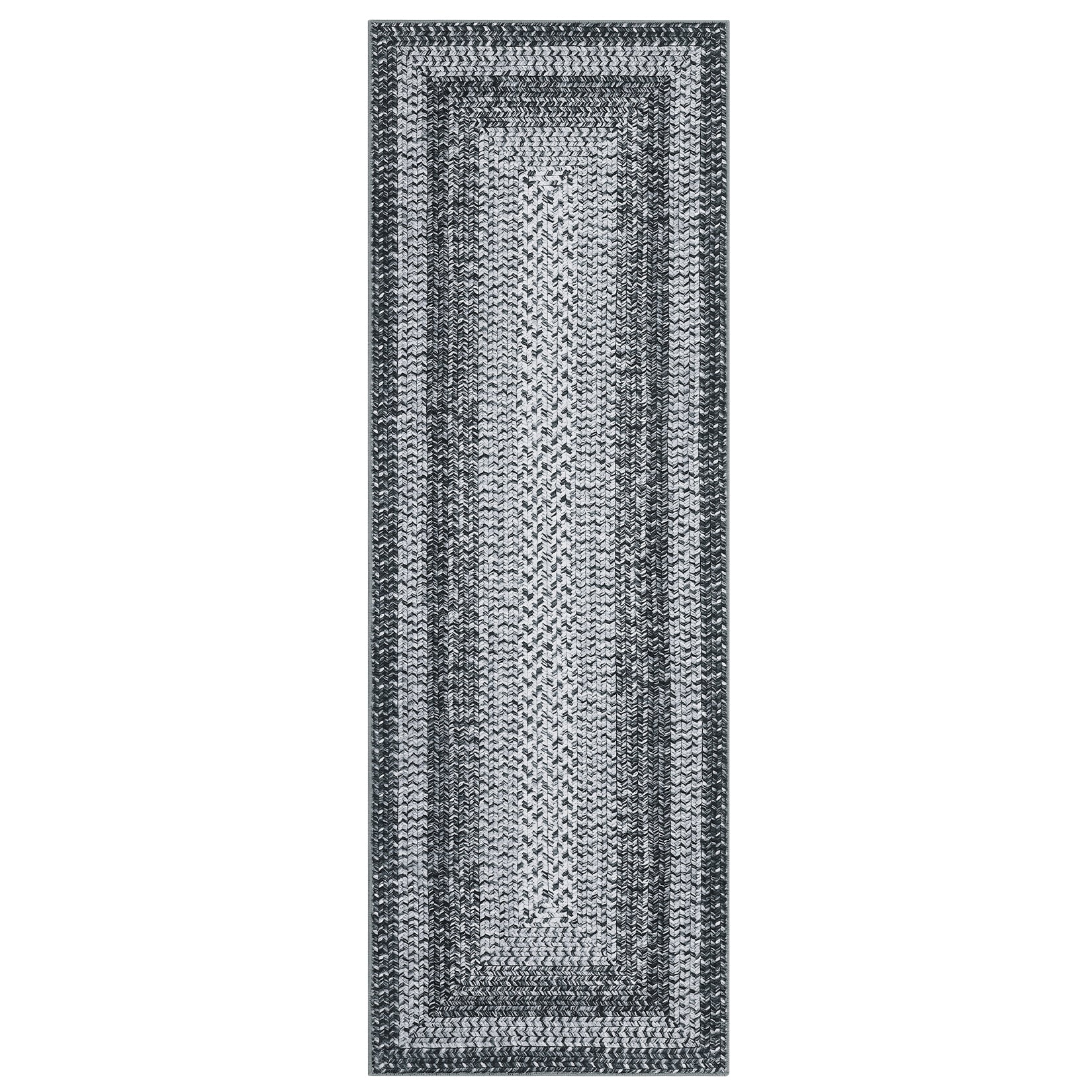 Garvee Bordered Grey 2x6 Boho Washable Runner Rug, Distressed Farmhouse Print, Ultra-Thin Non-Slip Polyester Mat with Cozy Texture for Kitchen, Bedroom, Entryway