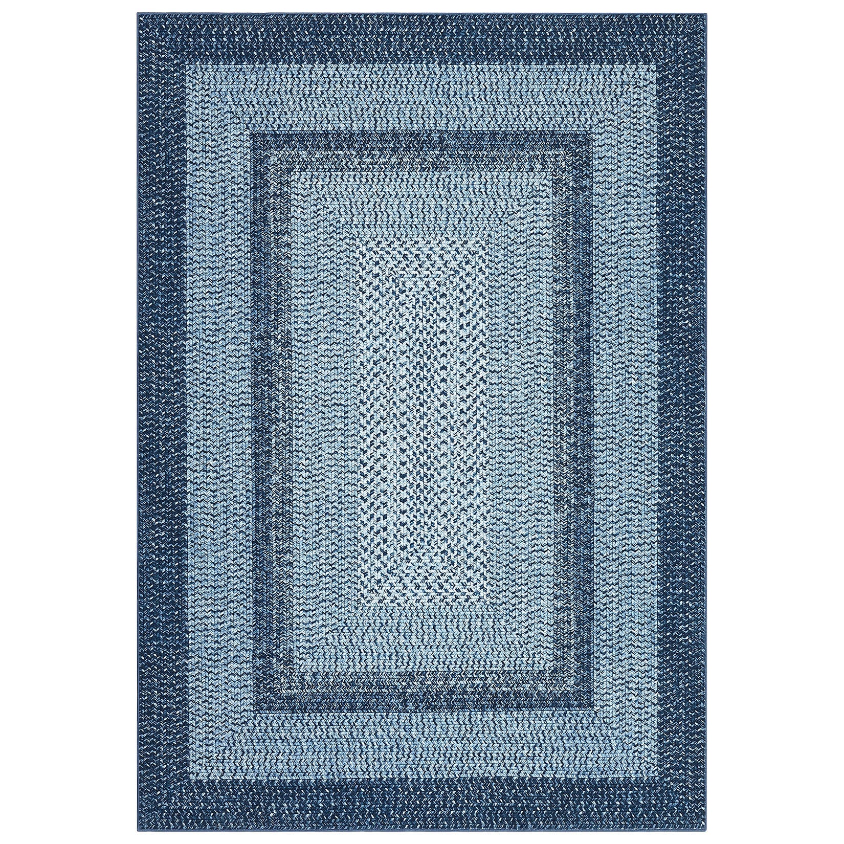 Garvee Bordered Grey Blue 10x13 Washable Rug, Boho Braided, Non-Slip, Low Pile, Polyester, Foldable, Blue, Living Room, Bedroom, Office