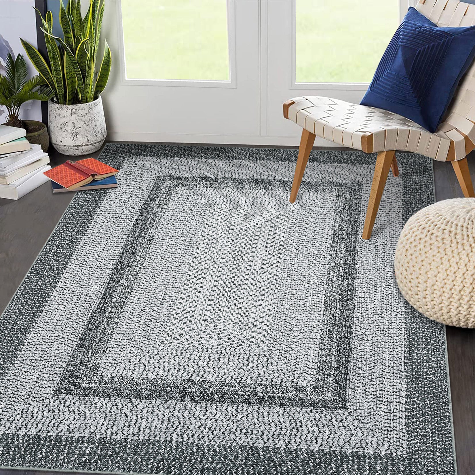 Garvee Bordered Grey 8x10 Boho Braided Rug, Washable Low Pile Polyester Non-Slip Carpet for High Traffic Living Room Bedroom