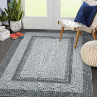 Garvee Bordered Grey 8x10 Boho Braided Rug, Washable Low Pile Polyester Non-Slip Carpet for High Traffic Living Room Bedroom