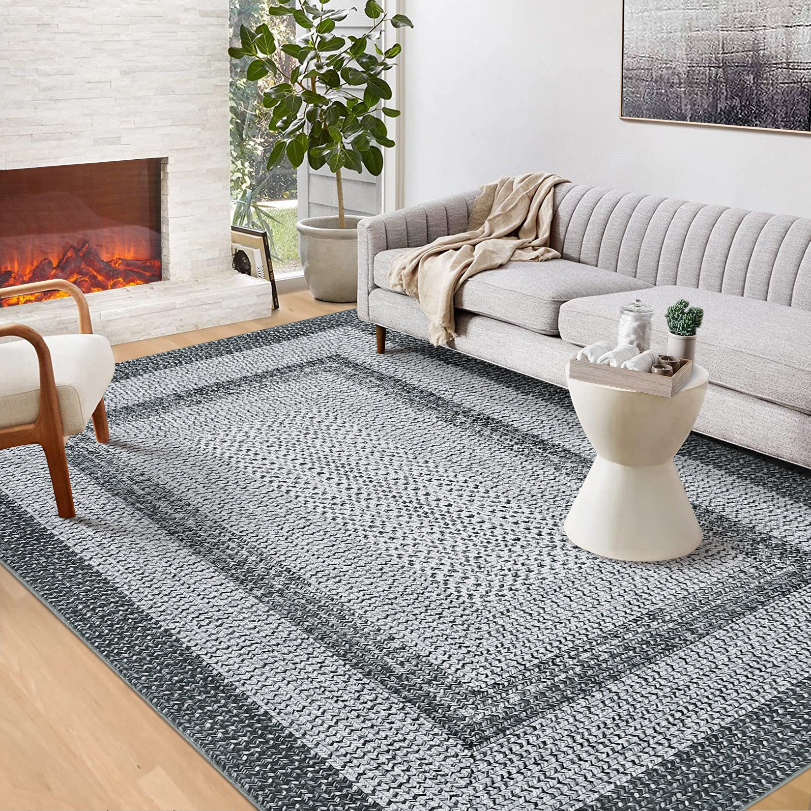 Garvee Bordered Grey 8x10 Boho Braided Rug, Washable Low Pile Polyester Non-Slip Carpet for High Traffic Living Room Bedroom