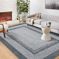Garvee Bordered Grey 8x10 Boho Braided Rug, Washable Low Pile Polyester Non-Slip Carpet for High Traffic Living Room Bedroom