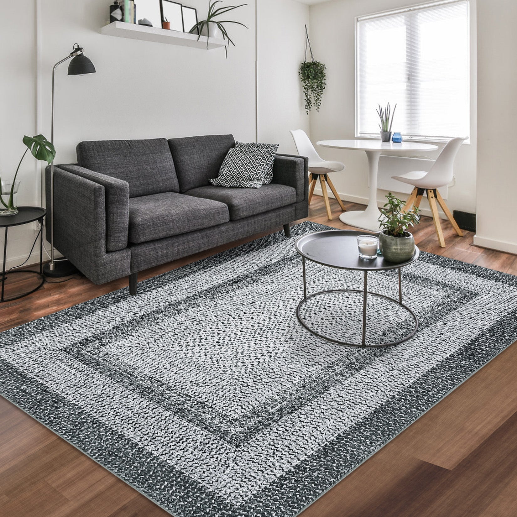 Garvee Bordered Grey 8x10 Boho Braided Rug, Washable Low Pile Polyester Non-Slip Carpet for High Traffic Living Room Bedroom