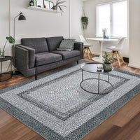 Garvee Bordered Grey 9x12 Boho Braided Area Rug, Washable Vintage Low-Pile Carpet with Non-Slip TPR Backing, Foldable Polyester for Living Room, Bedroom, Office