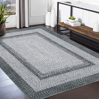 Garvee Bordered Grey 8x10 Boho Braided Rug, Washable Low Pile Polyester Non-Slip Carpet for High Traffic Living Room Bedroom