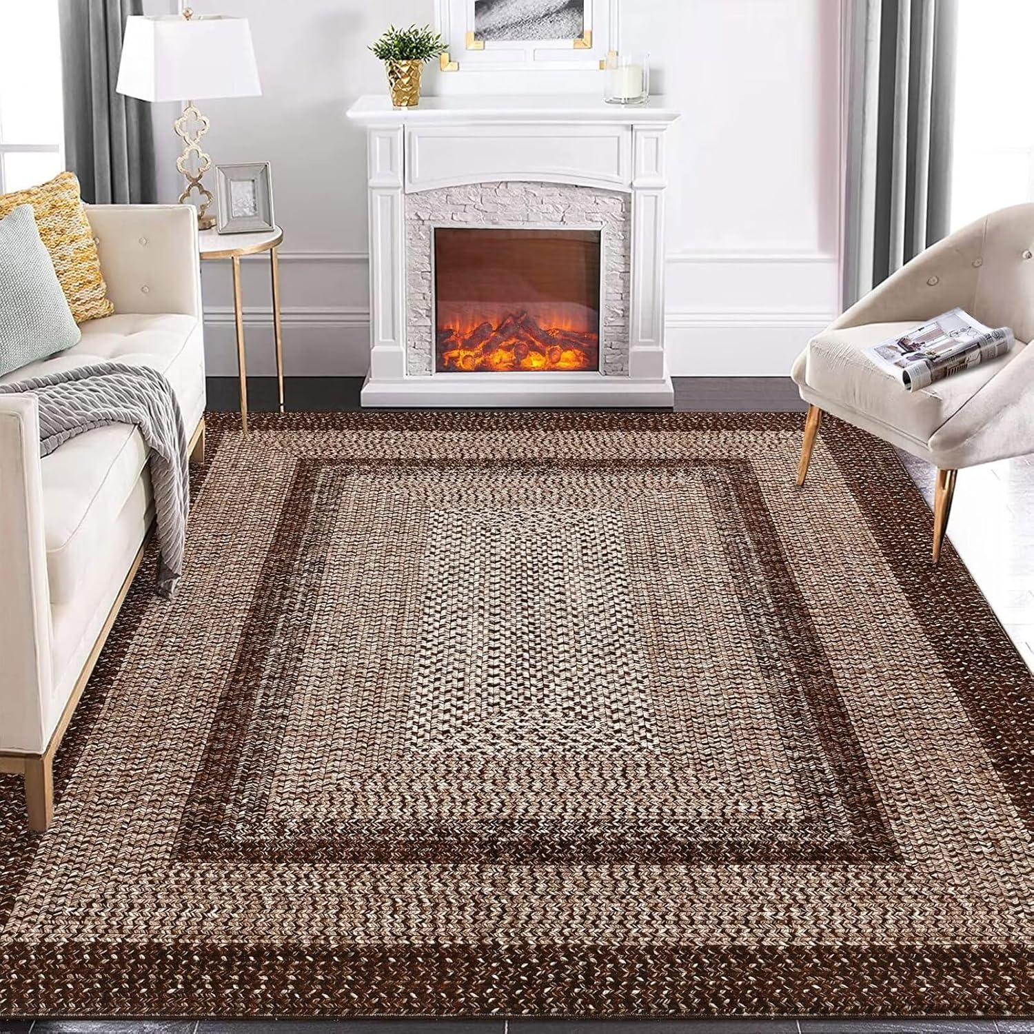 Garvee Bordered Brown 10x13 Boho Printed Washable Rug, Modern Braided Low Pile Polyester Area Rug Non-Slip Non-Shedding for Living Room Bedroom Office