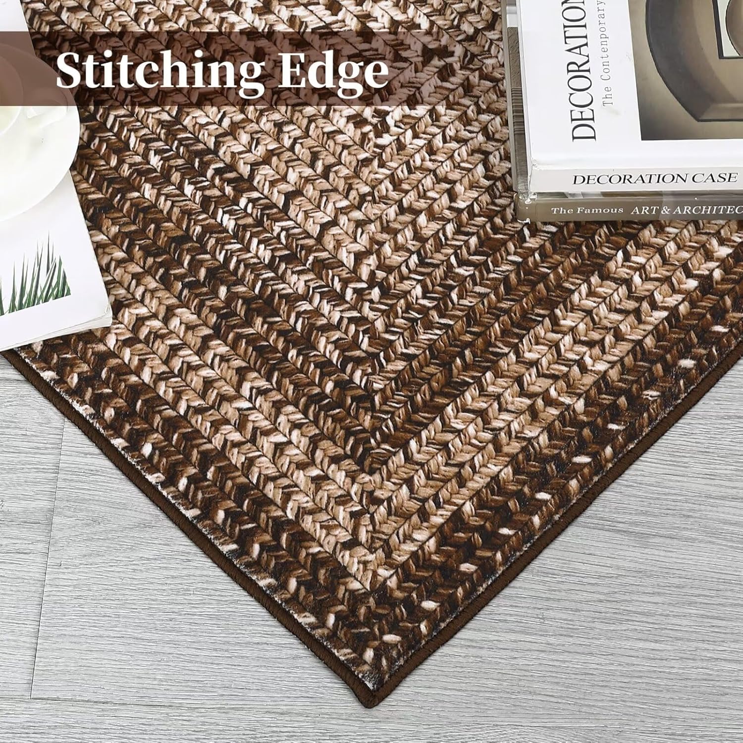 Garvee Bordered Brown 10x13 Boho Printed Washable Rug, Modern Braided Low Pile Polyester Area Rug Non-Slip Non-Shedding for Living Room Bedroom Office