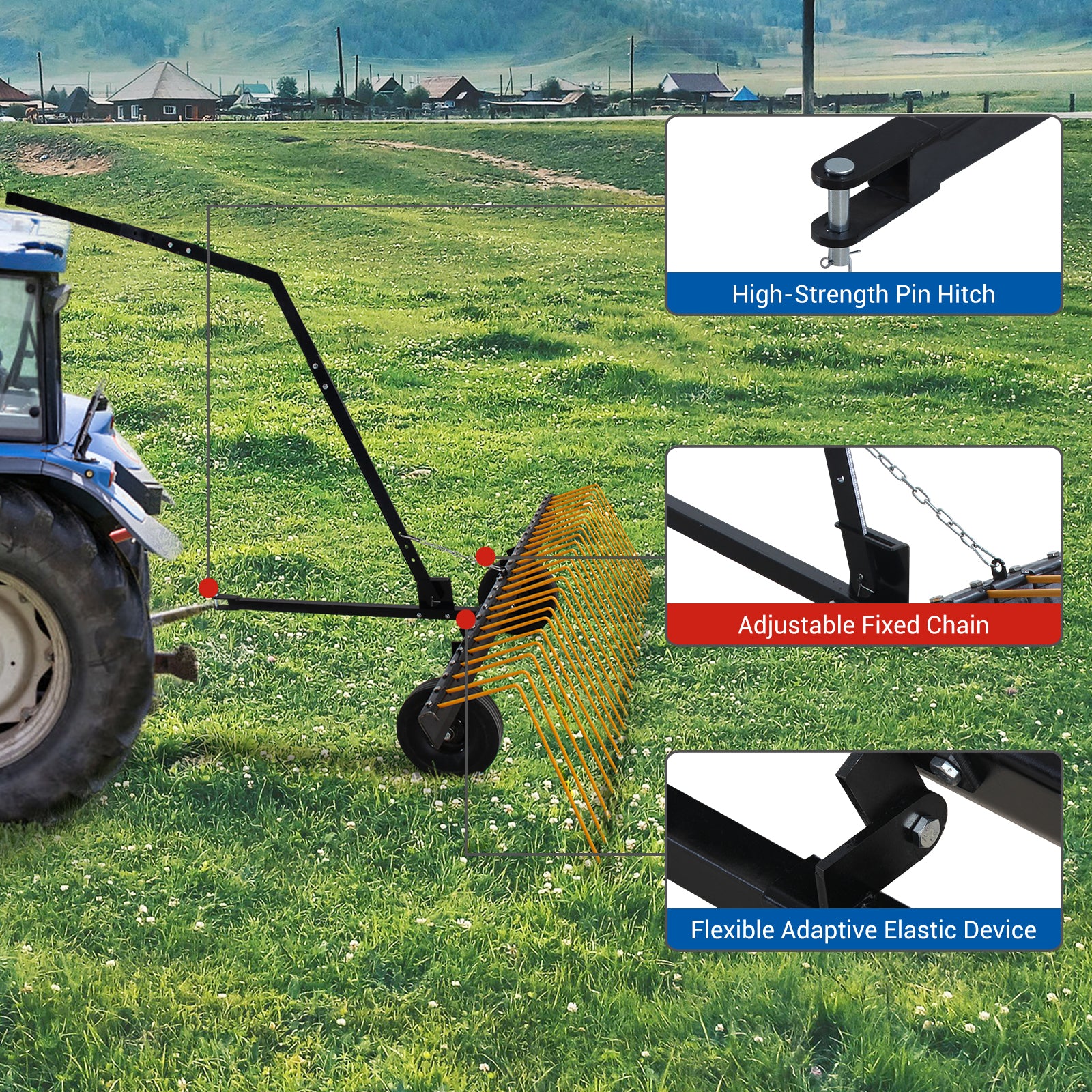 Garvee 60 Inch ATV Tow Behind Durable Corrosion Resistant Steel Pine Straw Rake, Landscape Rake, Dethatcher Rake for Tractor