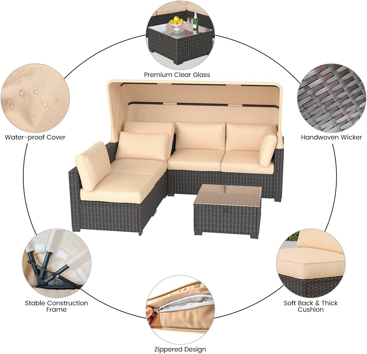 Garvee Patio Furniture Set, 6 Pieces Outdoor Wicker Furniture with Canopy, Outdoor Sectional Sofa and Table with Storage, Patio Conversation Sets for Balcony, Porch, Garden, Backyard, Soft Beige Cushion