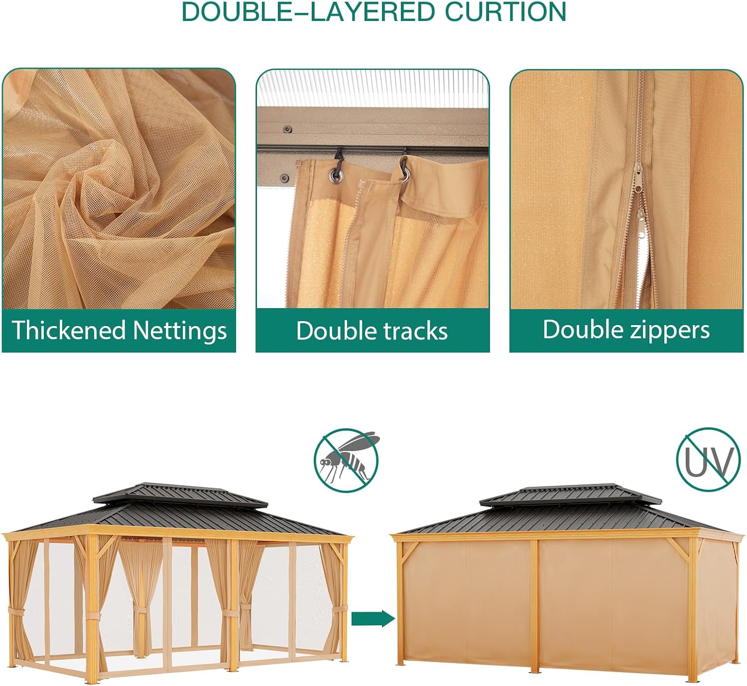 Garvee 12'x20' Outdoor Hardtop Gazebo with Netting and Sunshade Curtains for Patio Terrace Lawn Deck Aluminium Grey