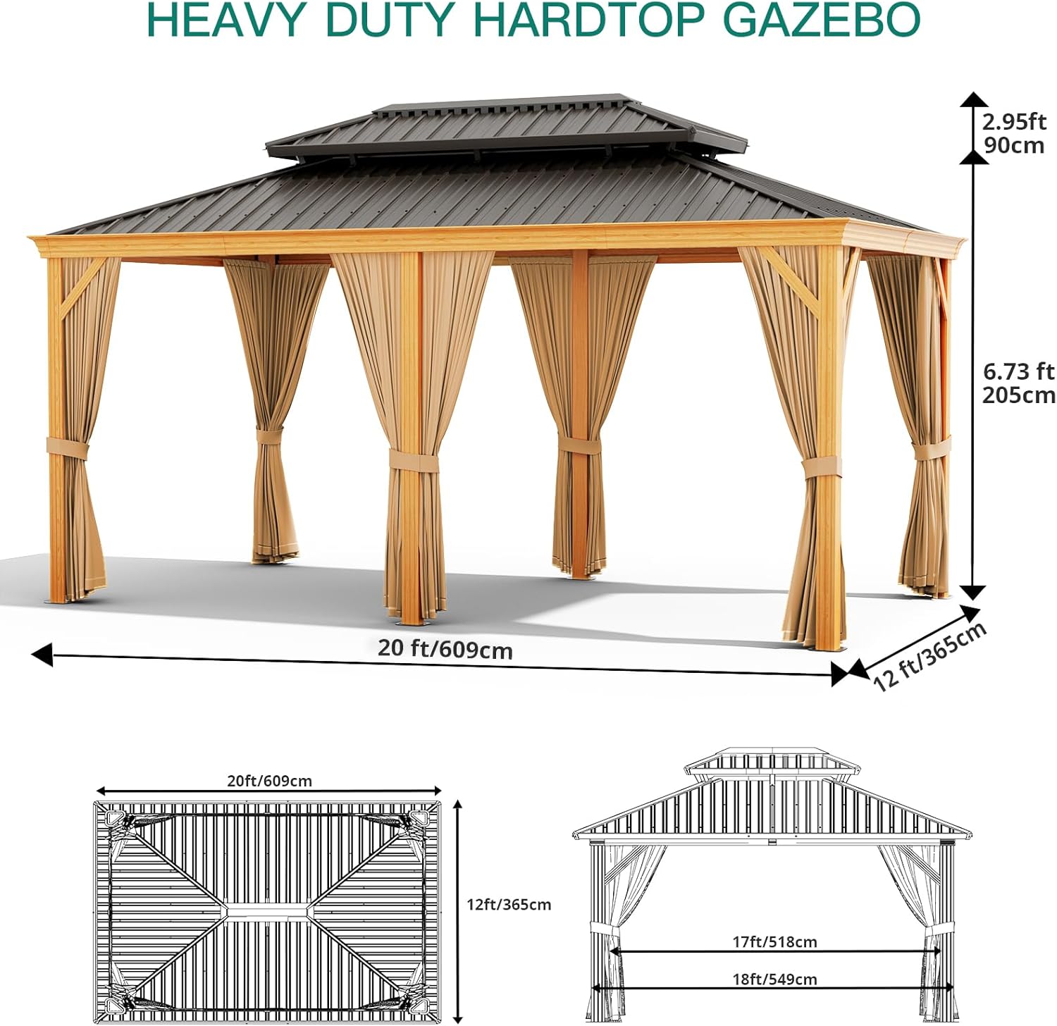 Garvee 12'x20' Outdoor Hardtop Gazebo with Netting and Sunshade Curtains for Patio Terrace Lawn Deck Aluminium Grey