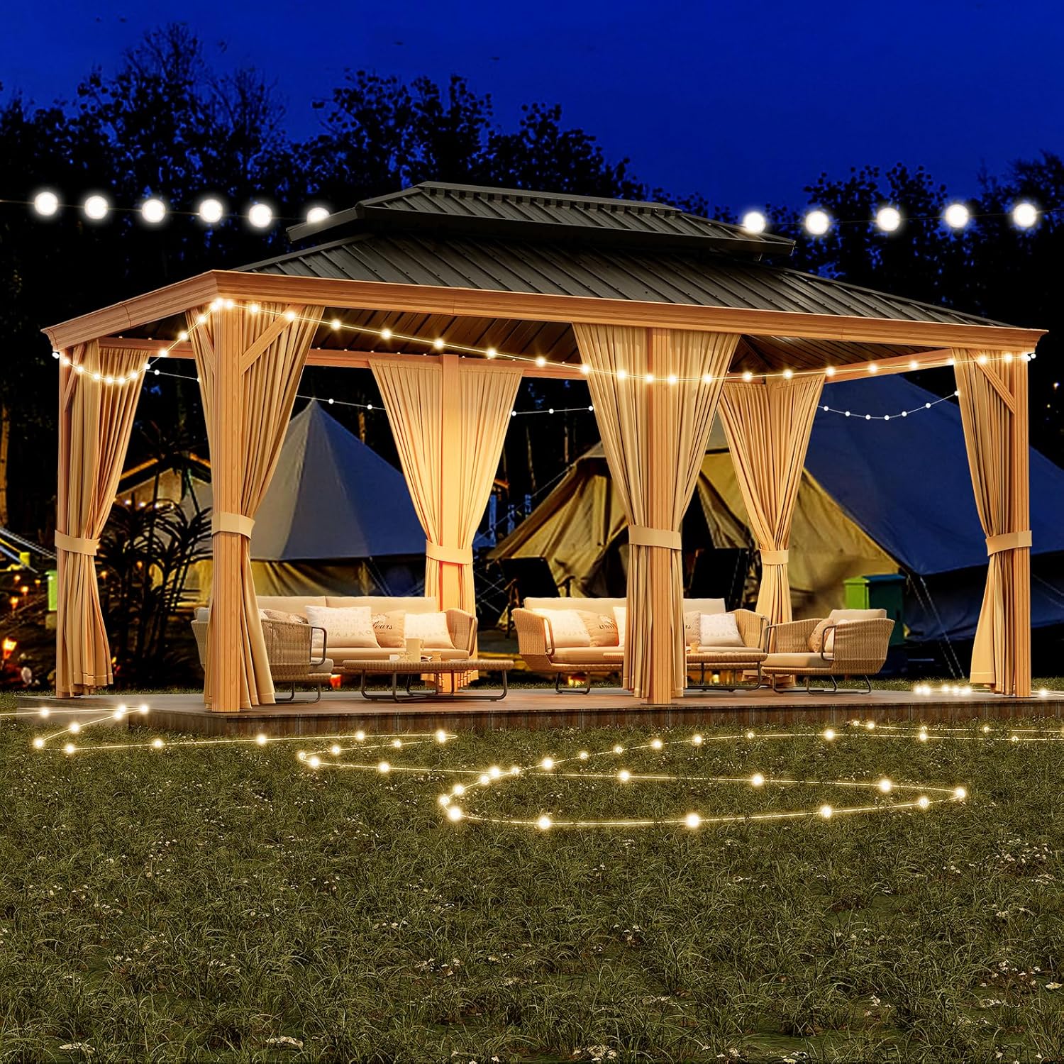 Garvee 12'x20' Outdoor Hardtop Gazebo with Netting and Sunshade Curtains for Patio Terrace Lawn Deck Aluminium Grey