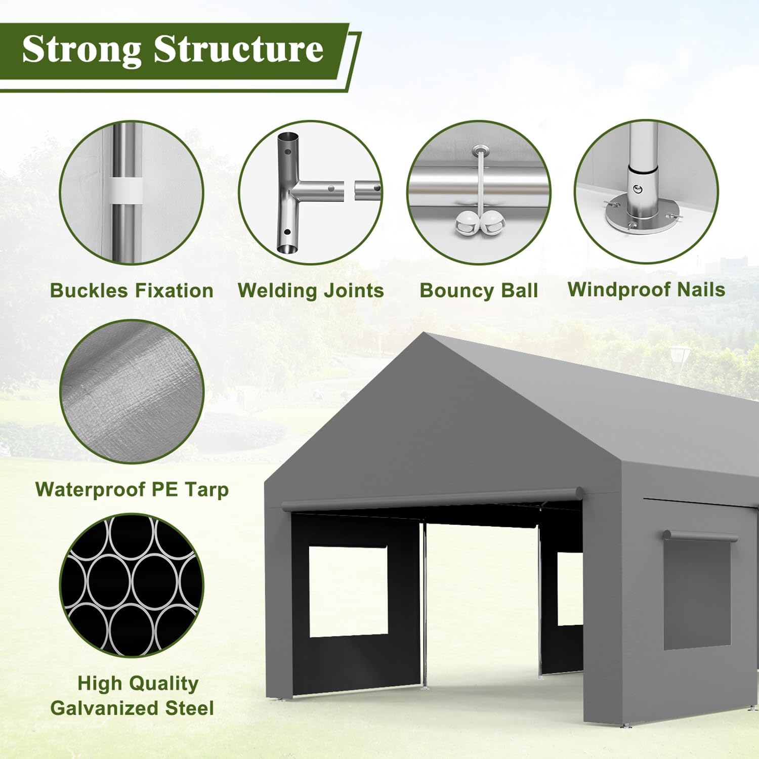 Garvee 13'x20' Heavy-Duty Portable Garage - Rust-Resistant Steel Frame, Roll-Up Doors & Windows for Ventilation, Multi-Use Shelter for Vehicles & Parties