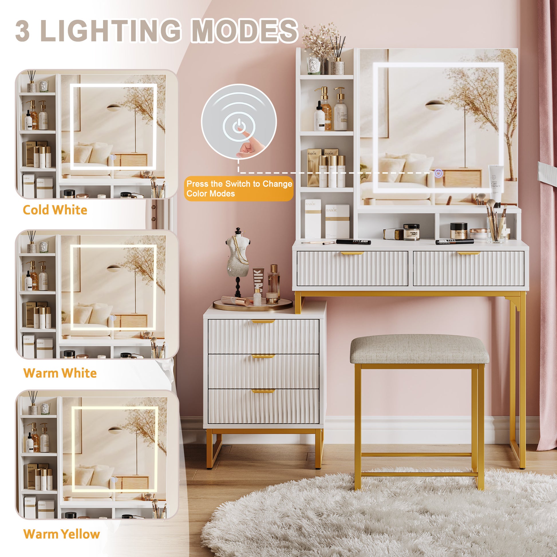 Garvee Vanity Desk with Mirror and Lights, Makeup Vanity Desk with 3 Lighting Modes, Makeup Table with Drawers, Stool and Movable Side Storage Cabinet, for Bedroom