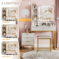Garvee Vanity Desk with Mirror and Lights, Makeup Vanity Desk with 3 Lighting Modes, Makeup Table with Drawers, Stool and Movable Side Storage Cabinet, for Bedroom