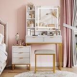 Garvee Vanity Desk with Mirror and Lights, Makeup Vanity Desk with 3 Lighting Modes, Makeup Table with Drawers, Stool and Movable Side Storage Cabinet, for Bedroom - Gold Handle & Gold Frame