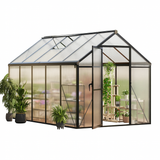 Garvee 6 × 10 ft Walk-In Greenhouse, Polycarbonate Greenhouse with Aluminum Frame, Roof Vent, Gutter System & Lockable Sliding Door for Backyard Garden - Black