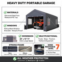 Garvee 13' x 20' Heavy-Duty Portable Carport Canopy, Waterproof UV-Resistant 200g PE Garage Shelter with Roll-Up Doors & Windows, Gray