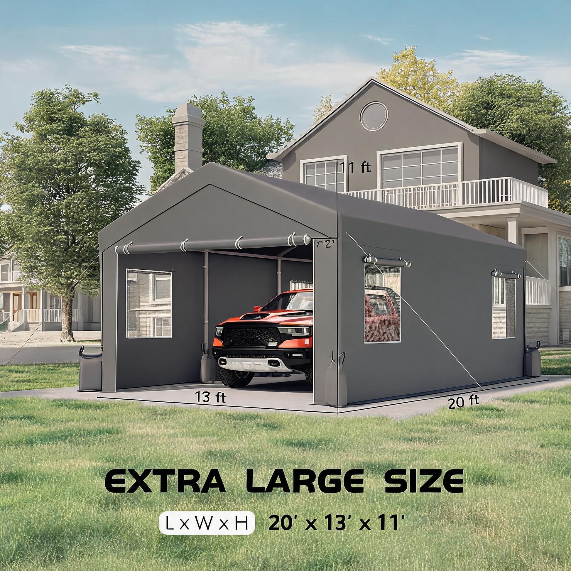 Garvee 13' x 20' Heavy-Duty Portable Carport Canopy, Waterproof UV-Resistant 200g PE Garage Shelter with Roll-Up Doors & Windows, Gray