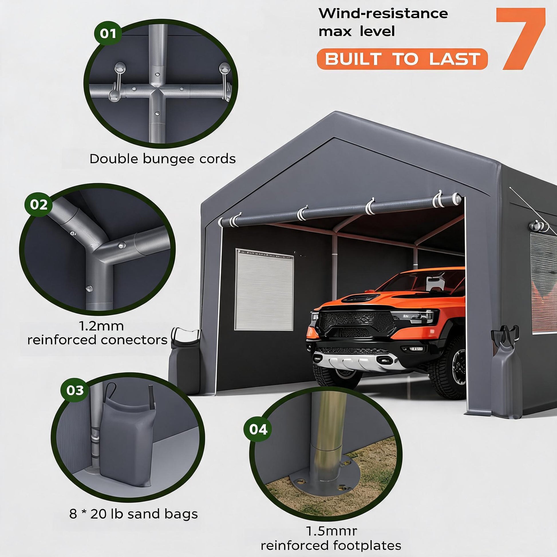 Garvee 13' x 20' Heavy-Duty Portable Carport Canopy, Waterproof UV-Resistant 200g PE Garage Shelter with Roll-Up Doors & Windows, Gray