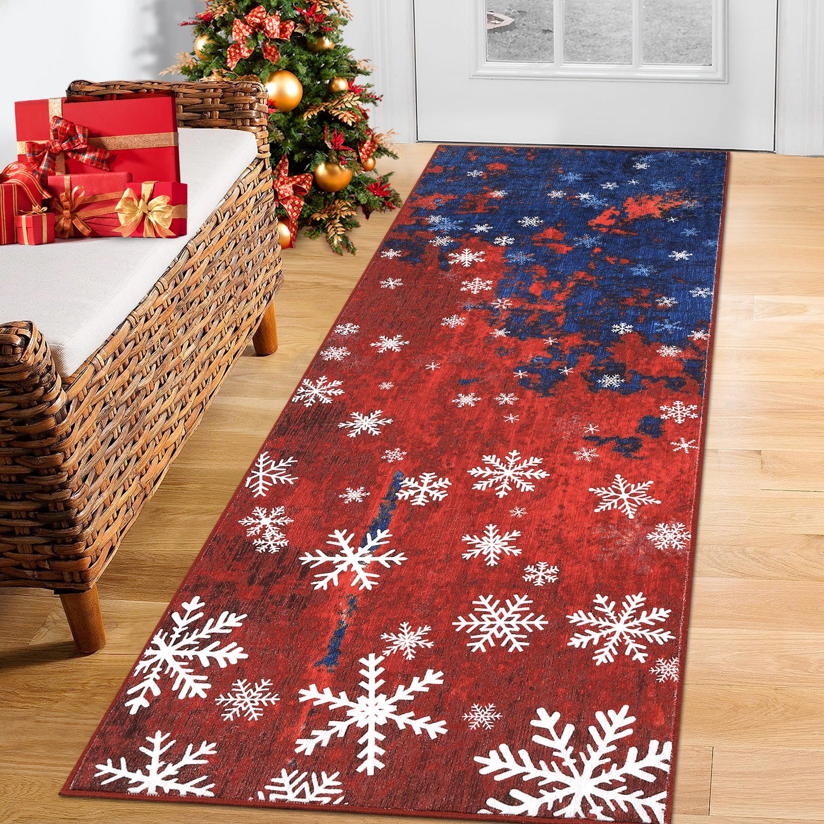 Garvee Christmas Runner Rug 2x6 Hallway Rug Snowflake Xmas Runner Kitchen Rug Washable Rug Non Slip Bath Mat Holiday Decor Distressed Modern Abstract Soft Carpet for Bedroom Laundry 2'x6' Red&Blue