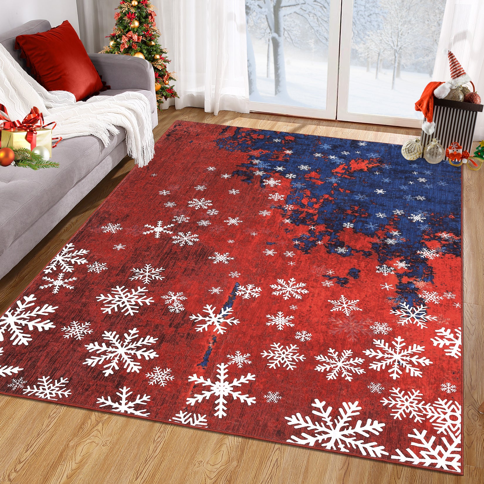 Garvee Christmas Area Rug 5x7 Rug for Living Room Rug Xmas Snowflake Modern Rug for Bedroom Aesthetic Washable Rug Non Slip Carpet Stain Resistant Carpet for Nursery Dining Room 5'x7' Red&Blue