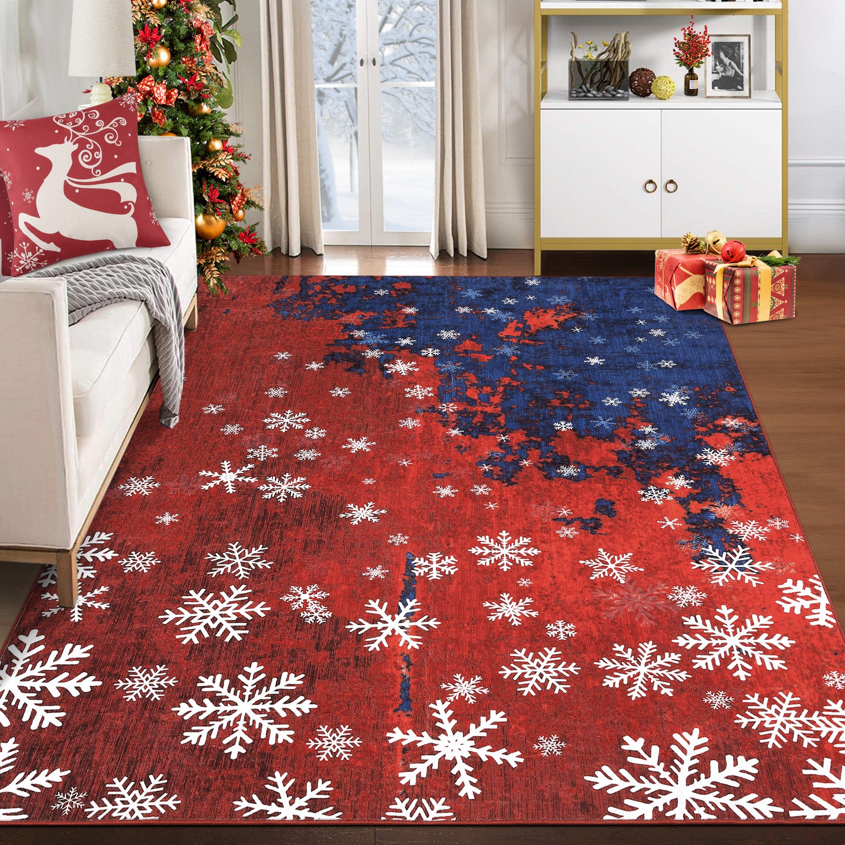 Garvee Christmas Area Rug 3x5 Rug Washable Rug Snowflake Xmas Modern Rug Small Entryway Rug Abstract Aesthetic Non Slip Carpet Soft Low Pile Accent Rugs for Nursery Living Room 3'x5' Red&Blue