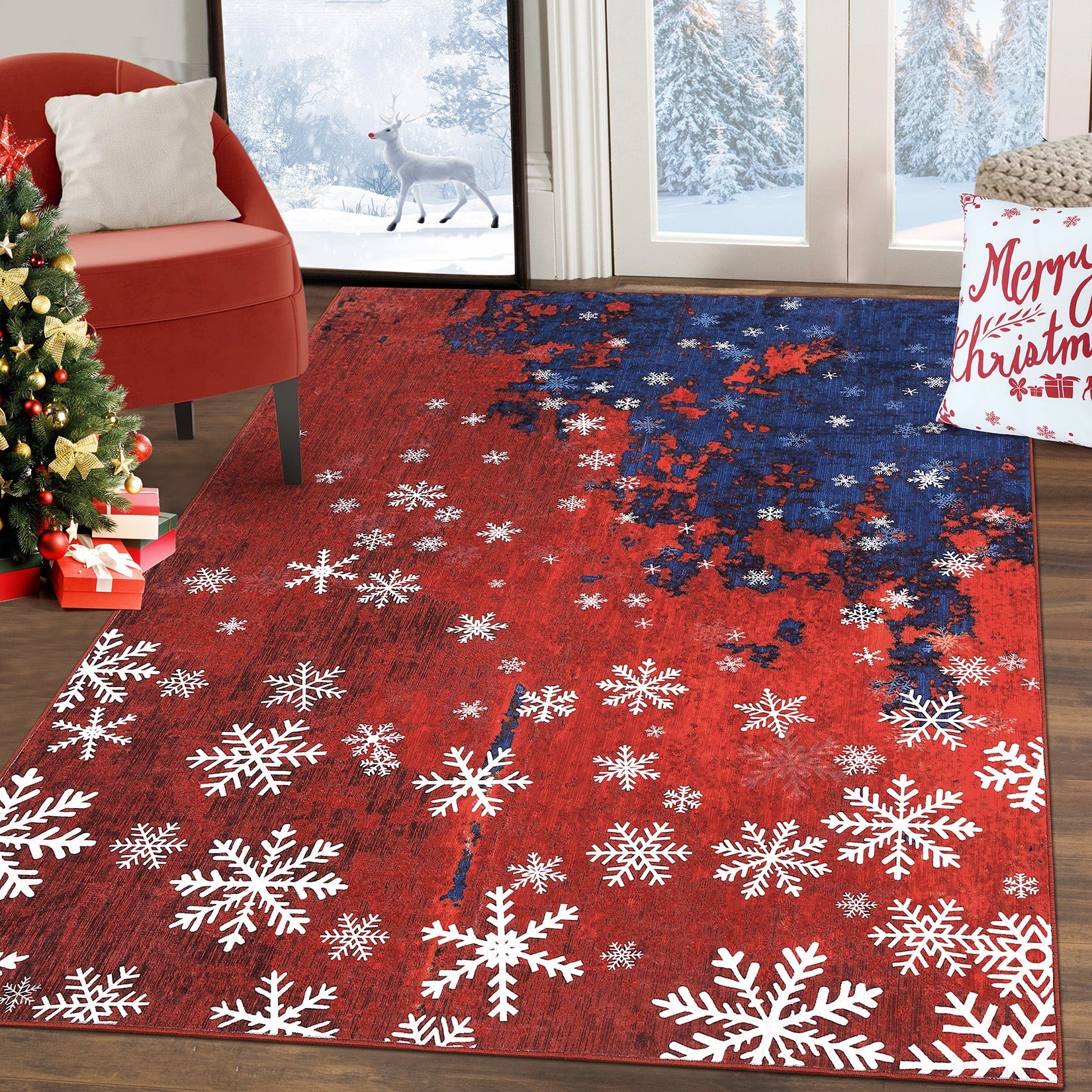 Garvee Christmas Area Rug 3x5 Rug Washable Rug Snowflake Xmas Modern Rug Small Entryway Rug Abstract Aesthetic Non Slip Carpet Soft Low Pile Accent Rugs for Nursery Living Room 3'x5' Red&Blue