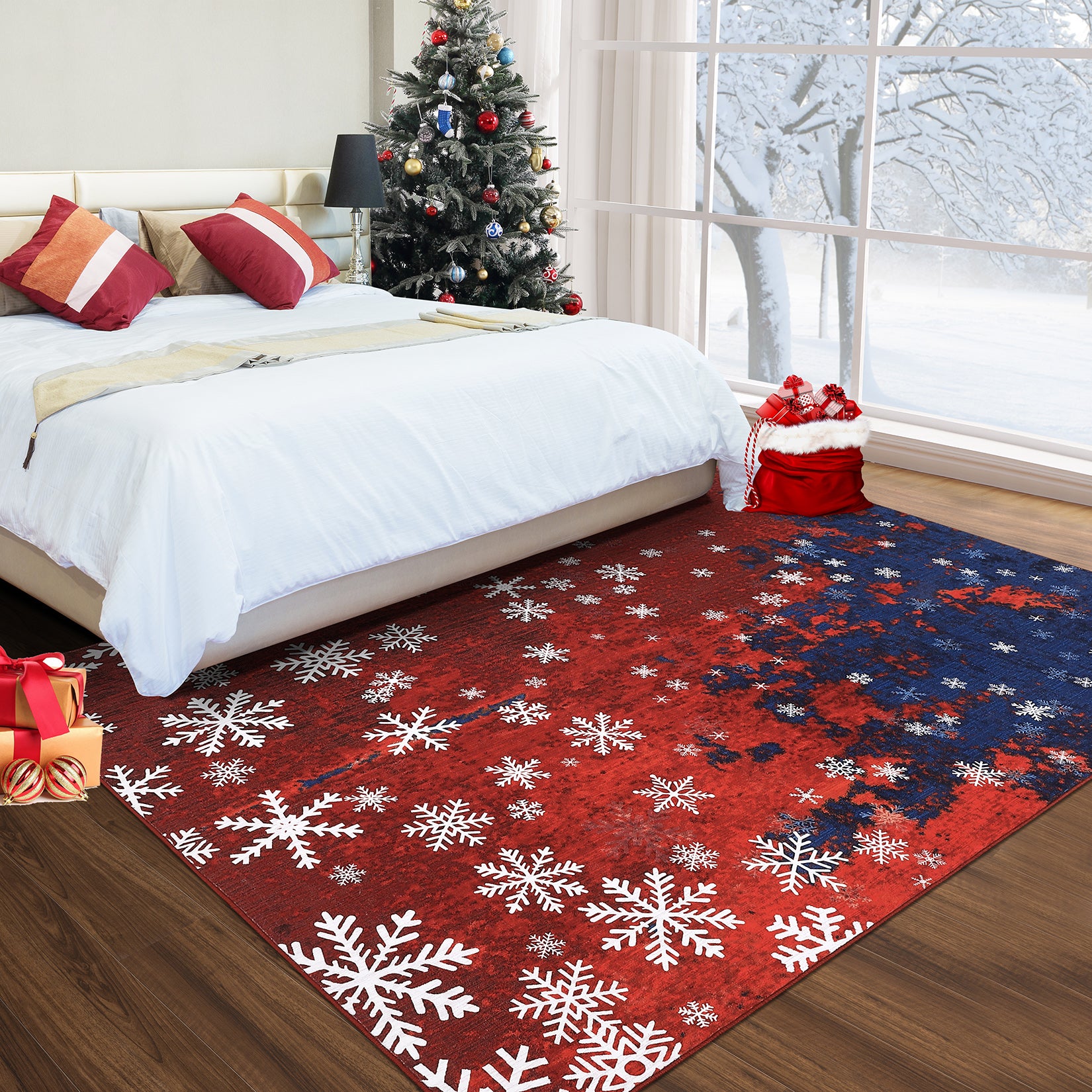 Garvee Christmas Area Rug 5x7 Rug for Living Room Rug Xmas Snowflake Modern Rug for Bedroom Aesthetic Washable Rug Non Slip Carpet Stain Resistant Carpet for Nursery Dining Room 5'x7' Red&Blue
