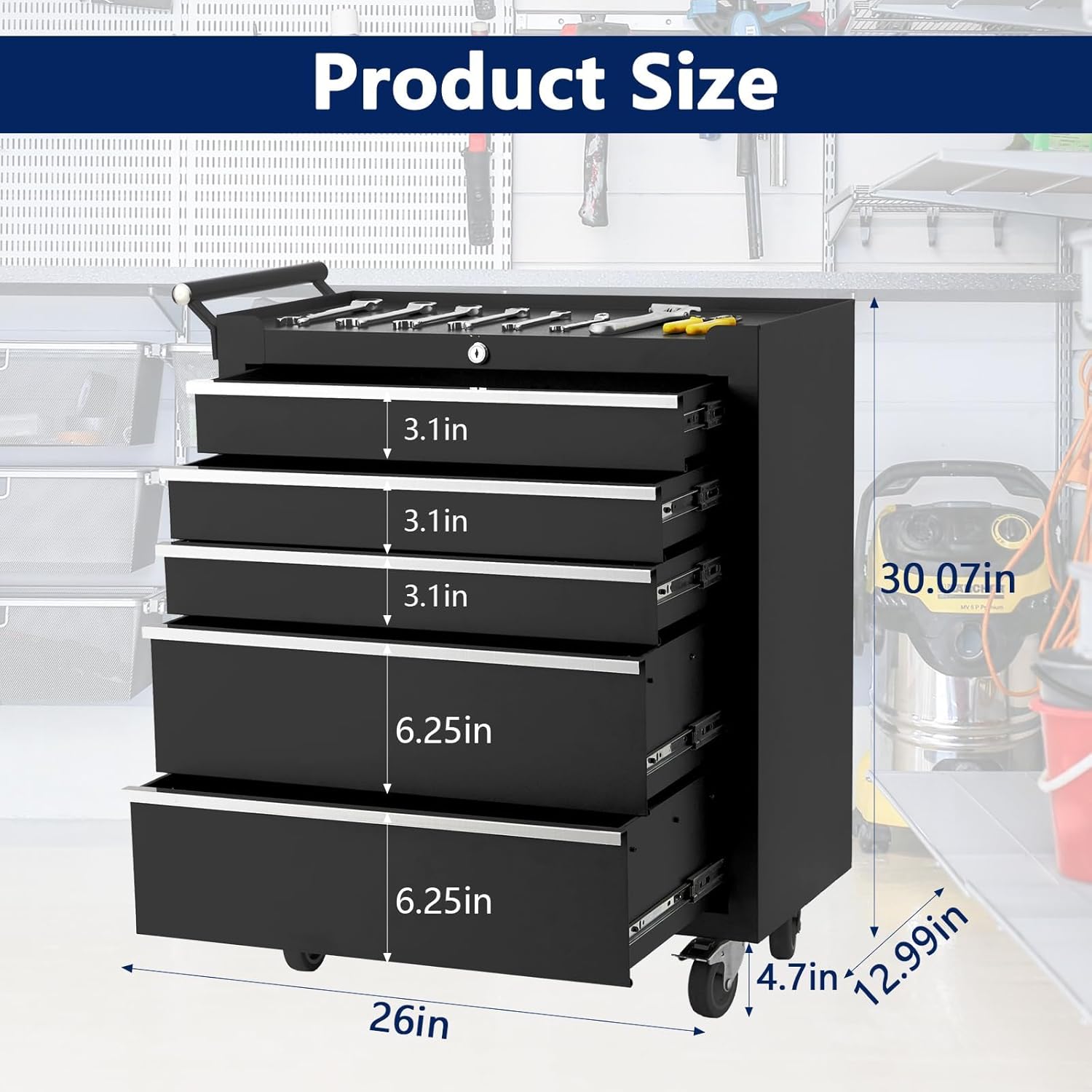 Garvee Rolling Tool Chest, 5 Drawers Tool Storage Cabinet, Toolbox with Wheels, Portable Tool Cabinet Organizer with Locking System & Drawer Liners, Tool Storage Cart for Garage, Workshop