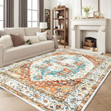 Garvee 4x6 Area Rug - Thin Washable Entryway Rug, Stain Resistant, Non Slip, Non Shedding, Pet Friendly, Vintage Carpet for Indoor Bedroom, Living, Kitchen, Laundry Room, Reddish Brown - Reddish Brown