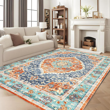Garvee Red & Blue 4x6 Area Rug - Stain Resistant Washable Rug, Non-Slip Backing, Low Profile, for Living Room, Bedroom, and Dining Room