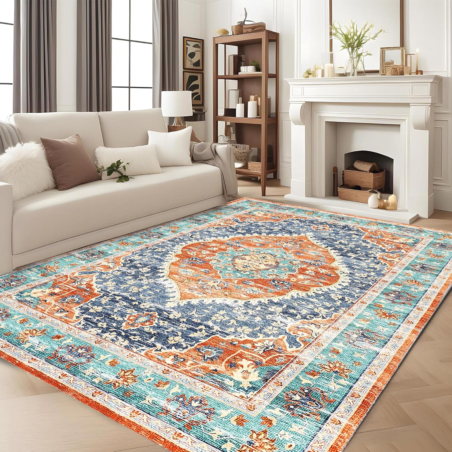 Garvee Red & Blue 4x6 Area Rug - Stain Resistant Washable Rug, Non-Slip Backing, Low Profile, for Living Room, Bedroom, and Dining Room