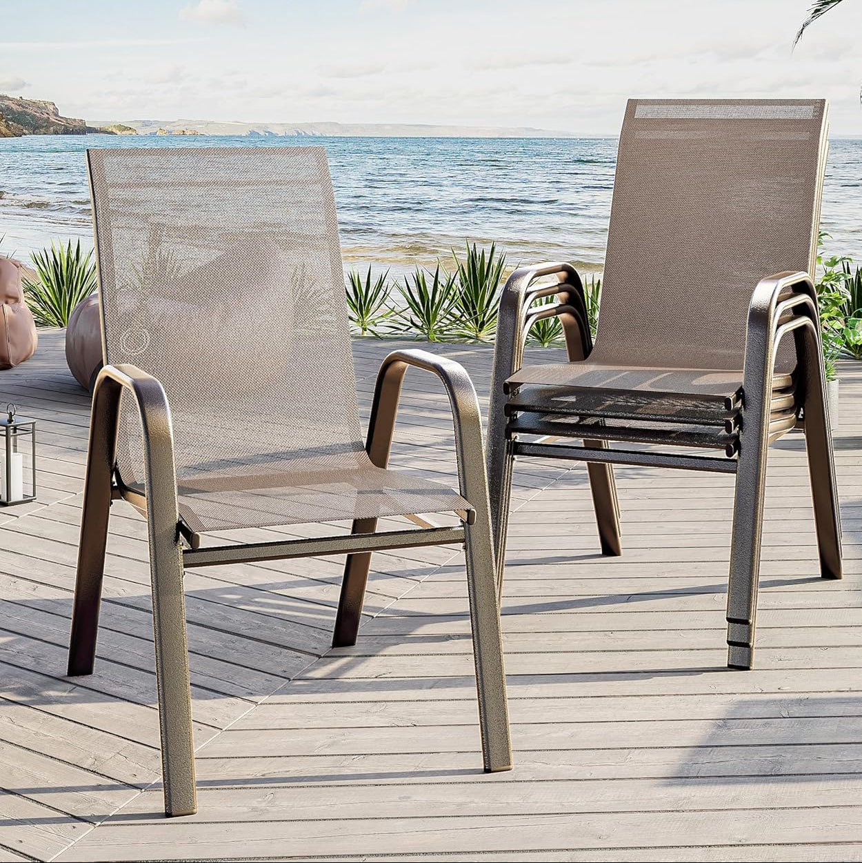 Garvee Patio Stackable Chairs Set of 4 - Outdoor Metal Frame Dining Chairs with Breathable Textilene Fabric for Patio, Deck, Backyard, Brown