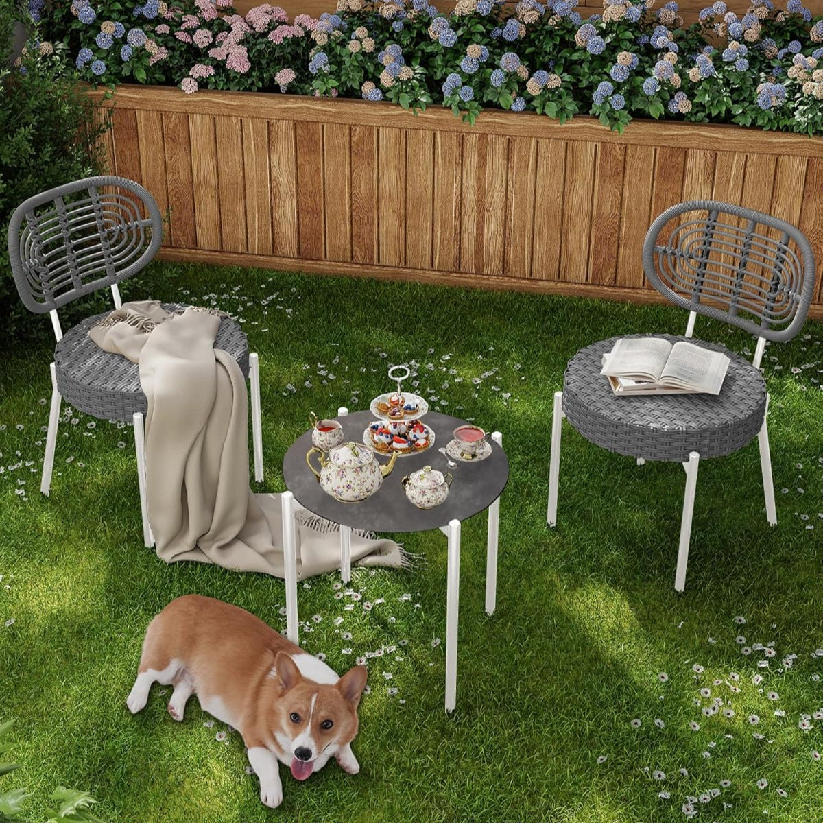 Garvee 3 Piece Patio Bistro Set, Outdoor Wicker Chairs with Table, Rattan Patio Furniture Set for Outdoor, Patio, Deck, Backyard, White & Grey