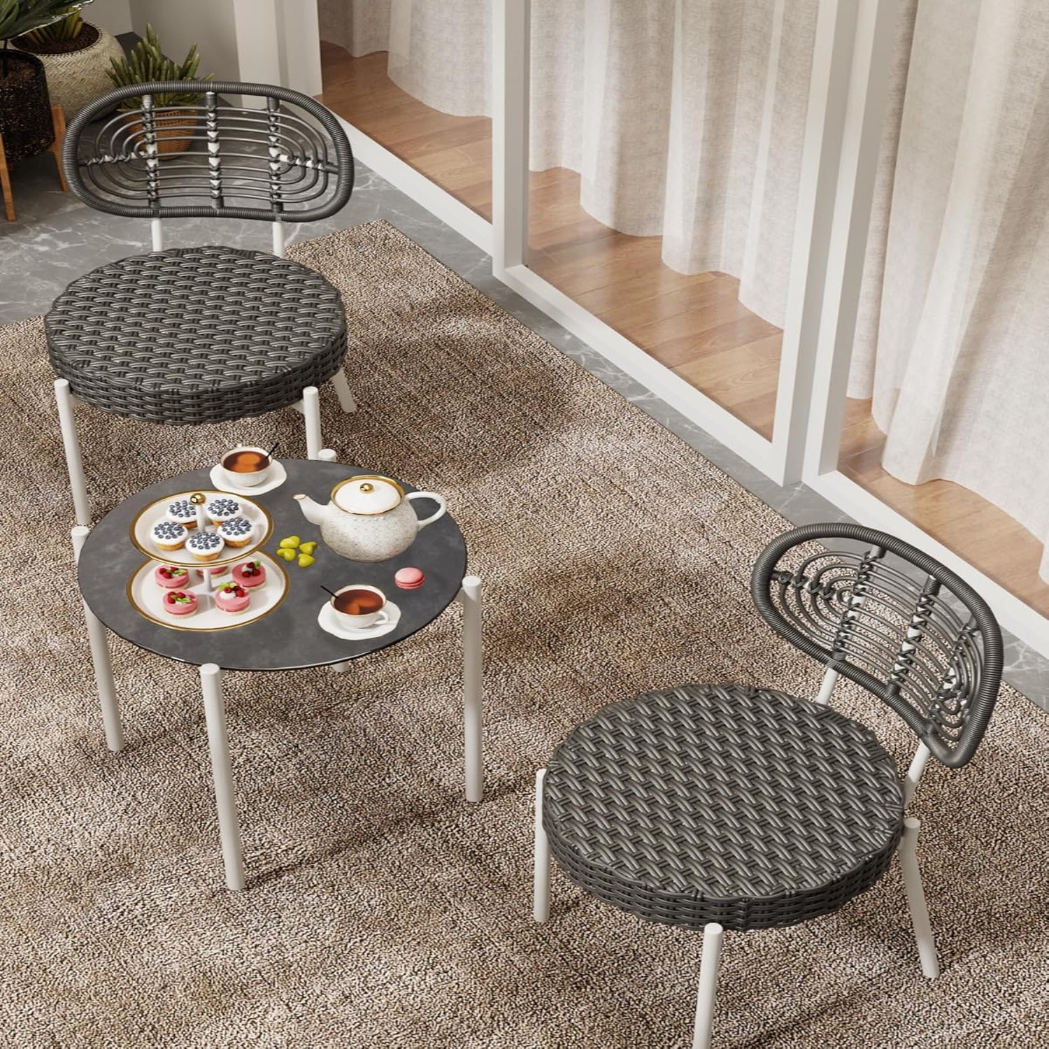 Garvee 3 Piece Patio Bistro Set, Outdoor Wicker Chairs with Table, Rattan Patio Furniture Set for Outdoor, Patio, Deck, Backyard, White & Grey