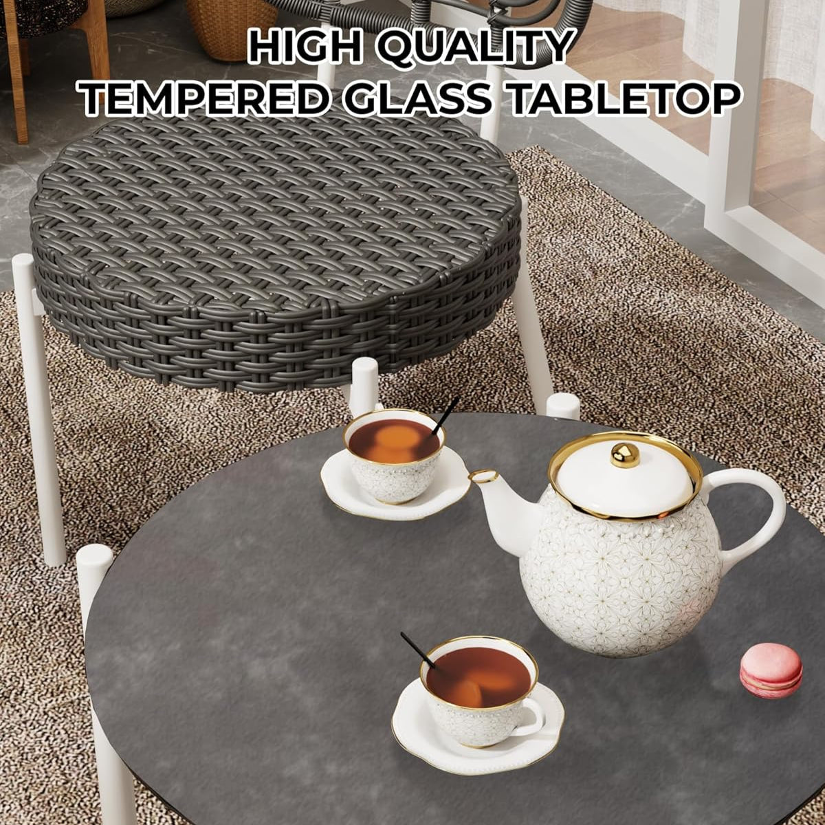 Garvee 3 Piece Patio Bistro Set, Outdoor Wicker Chairs with Table, Rattan Patio Furniture Set for Outdoor, Patio, Deck, Backyard, White & Grey
