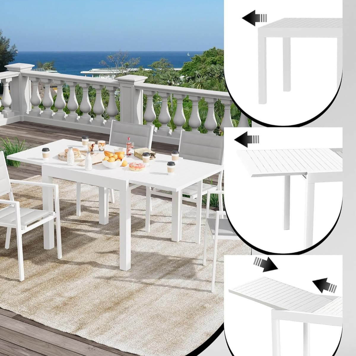 Garvee Expandable Patio Table, Extendable Outdoor Dining Table Set for 4-6 Persons, Aluminum Slat Frame Perfect for Backyard, Deck, Porch, White