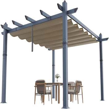 Garvee 10x13 ft Aluminum Pergola with Retractable Canopy – UV & Waterproof, Rust-Resistant Metal Gazebo, 4-Side Anchored, Khaki for Backyard/Deck
