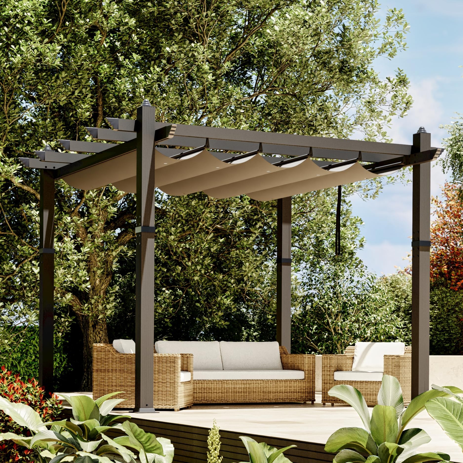 Garvee 10x10 Ft Pergola, Outdoor Metal Pergola with Retractable Canopy, Upgraded Wood-Grain Aluminum Pergola, Modern Pavilion for Backyard, Patio, Porch, Grape Trellis, Khaki