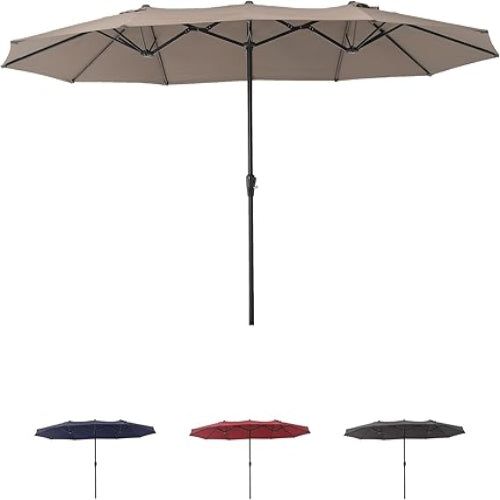 Garvee 15FT Double-Sided Patio Umbrella - Extra Large Outdoor Market Umbrella with Crank, 12-Rib Metal Frame & Air Vents for Backyard, Deck, Pool, Khaki