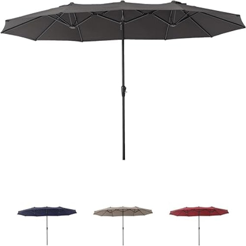 Garvee 15FT Double-Sided Patio Umbrella - Extra Large Outdoor Market Umbrella with Crank, 12-Rib Metal Frame & Air Vents for Backyard, Deck, Pool, Grey