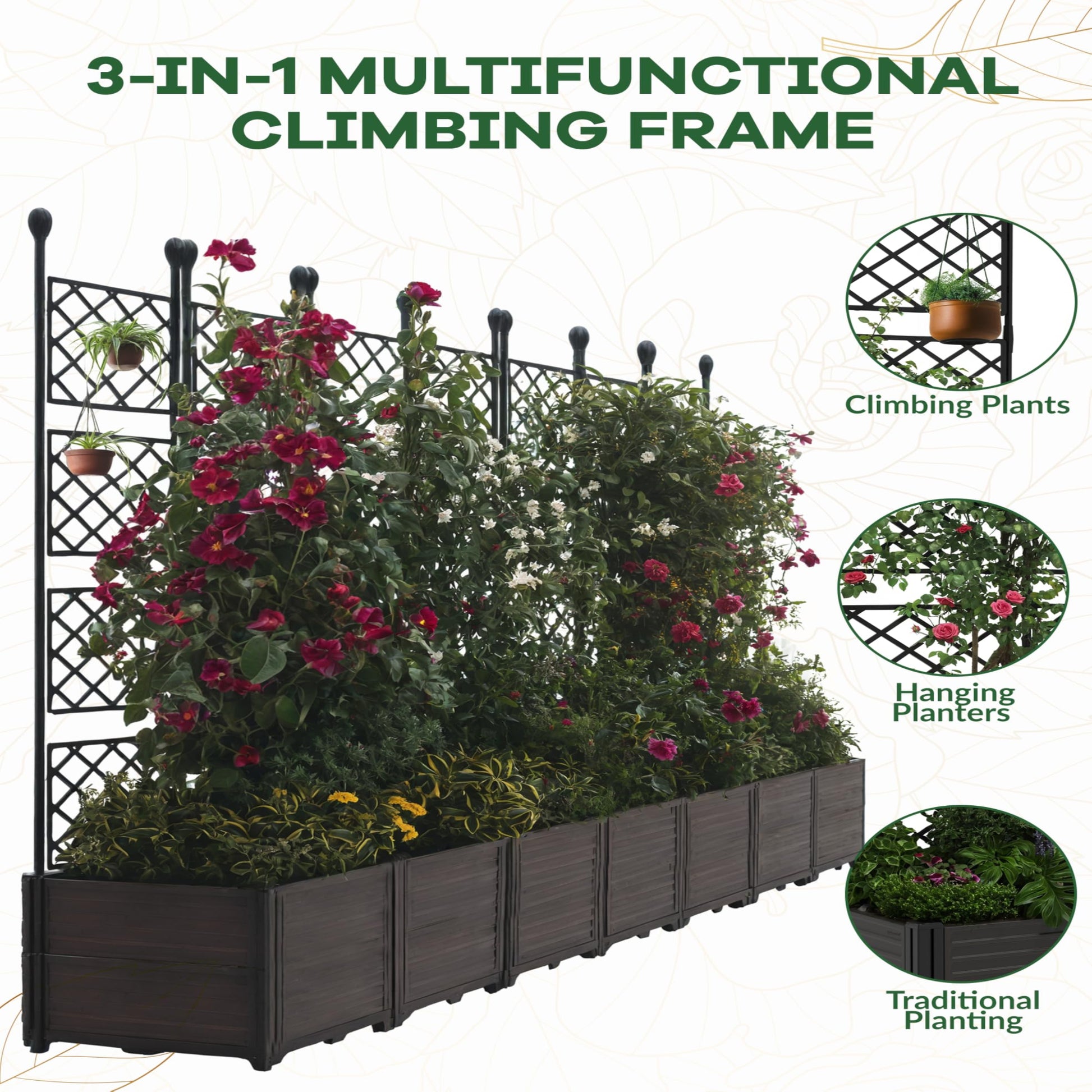 Garvee 7Pcs Plastic Plant Box with Metal Trellis, Raised Garden Bed with Trellis Planter for Climbing Plant Outdoor Raised Planter Box Privacy Screen for Patio Balcony,Planter Box for Backyard Patio