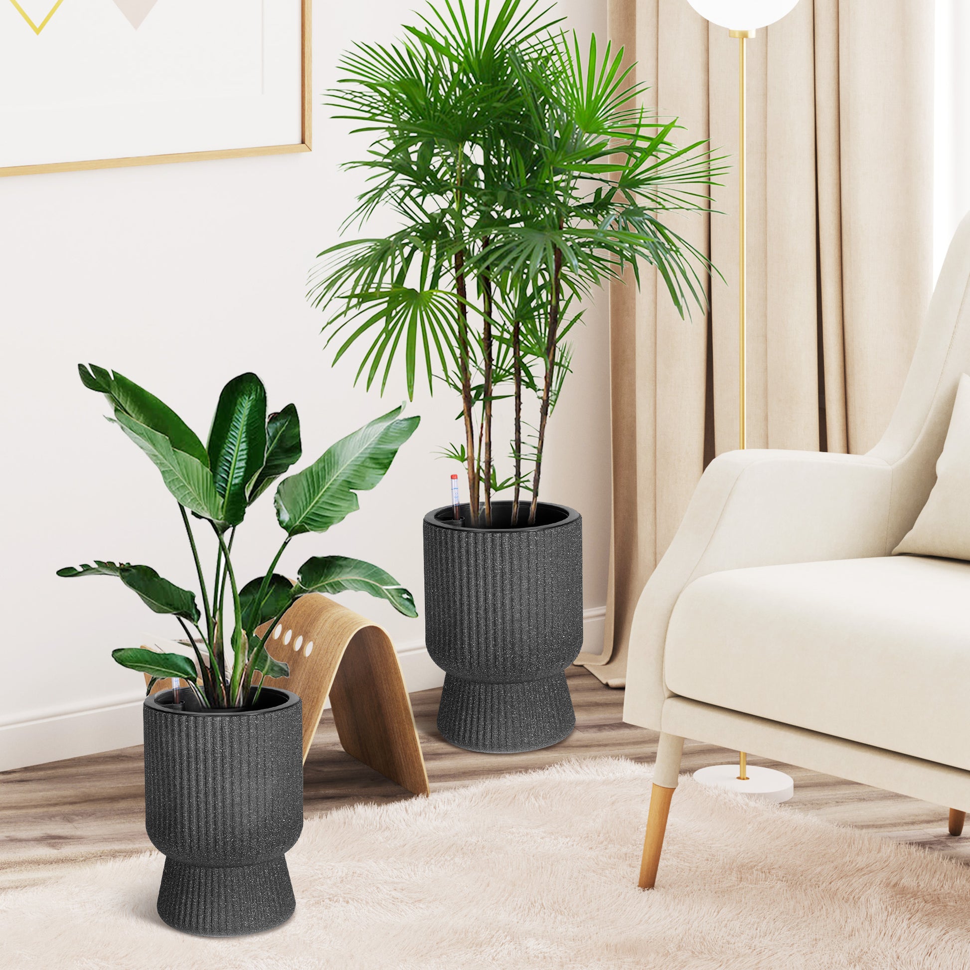 Garvee 14.2" Tall Planters Set of 2, Self Watering Plant Pots with Water Level Monitor and Built-In Drainage, for Patio, Porch, Living Room, or Home Office
